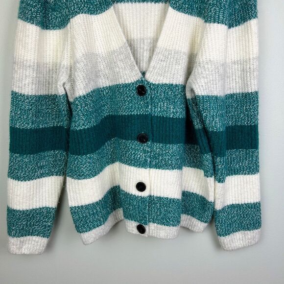 Vince Camuto Puff Sleeve Cardigan Button Front Knit Teal Grey Cream Striped L - Picture 3 of 10